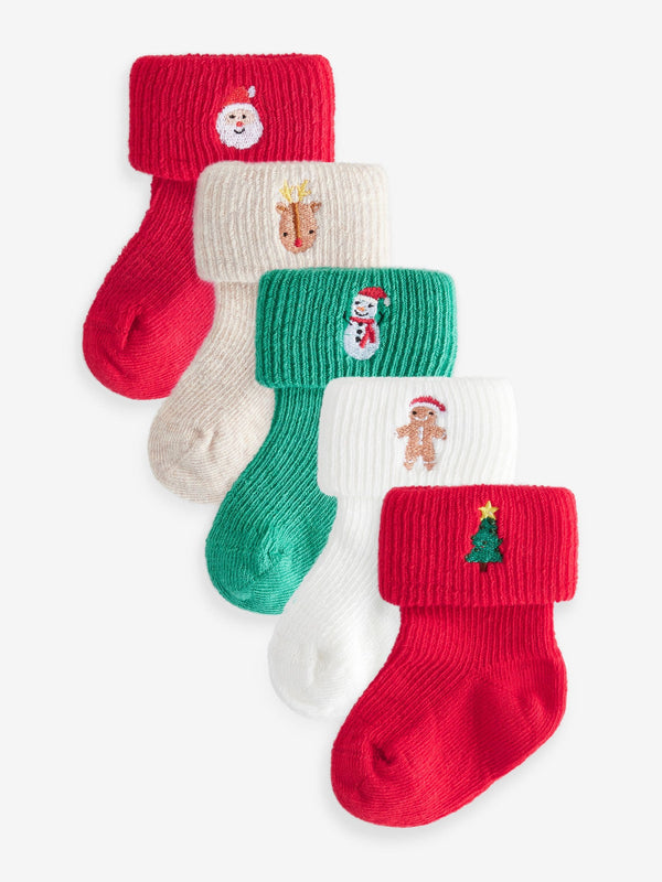 Red Green White Roll Top Embroidered Christmas Socks 5 Pack (0mths-2yrs)