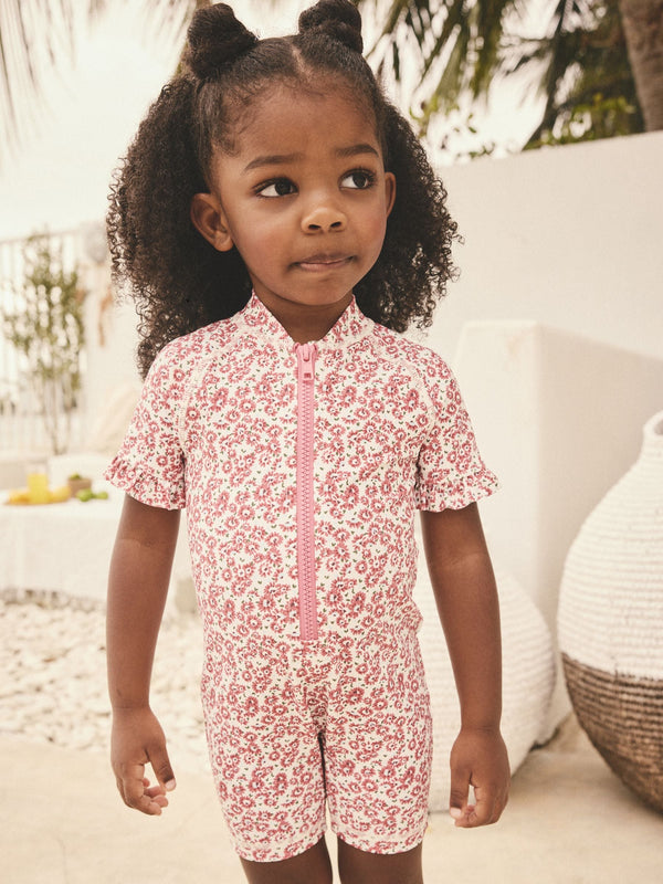 Pink Ditsy Frill Sleeve Sunsafe Swimsuit (3mths-10yrs)