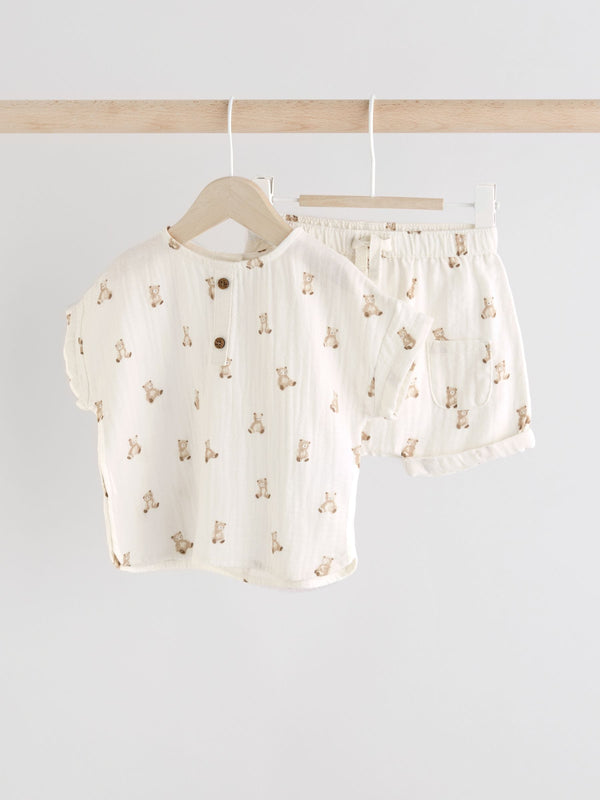 Neutral Bear Print Top and Shorts Baby Set (0mths-3yrs)