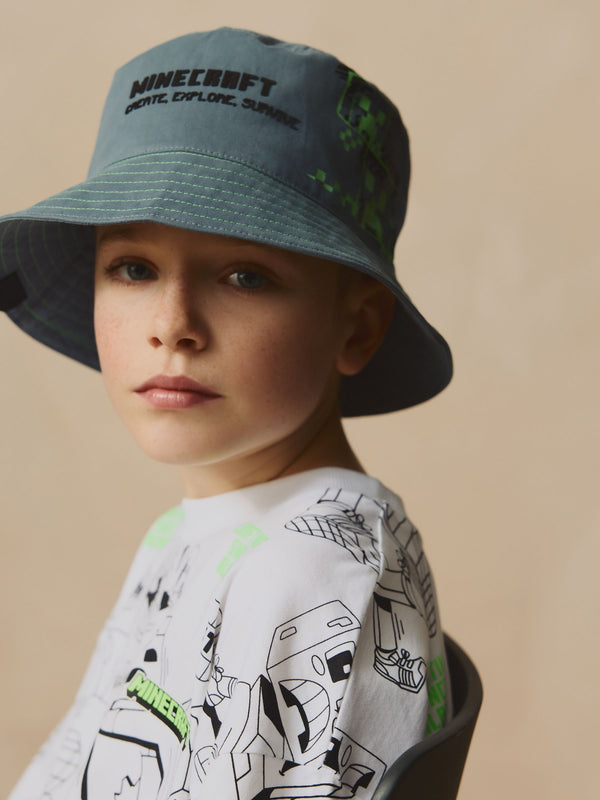 Grey/Green Minecraft Bucket 100% Cotton Hat (3-16yrs)