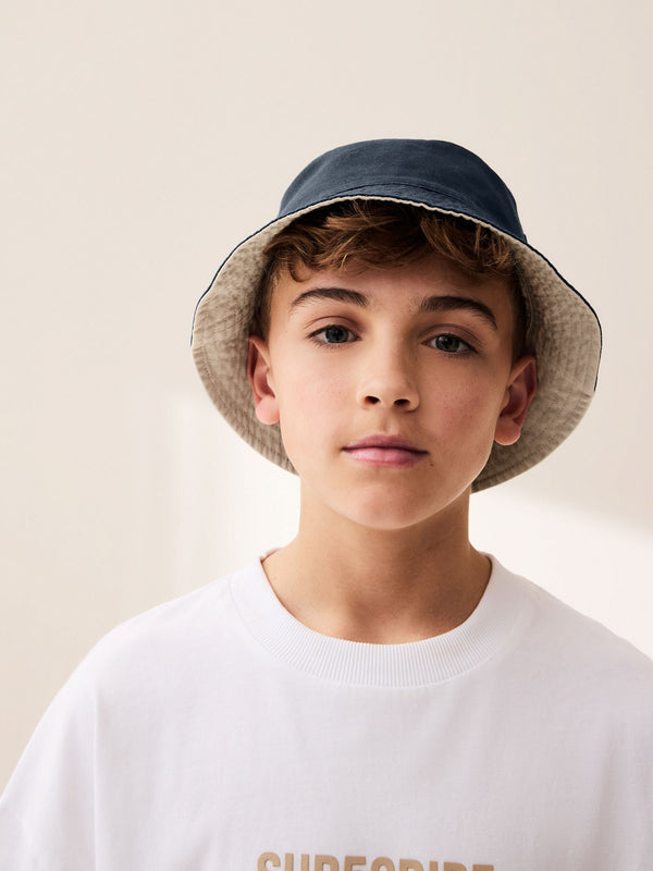 Navy Blue/Stone 100% Cotton Reversible Bucket Hat (3mths-16yrs)