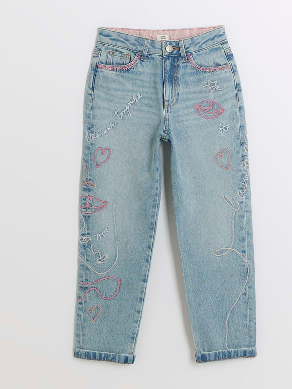 River Island Blue Mom Girls Embroidered 100% Cotton Jeans