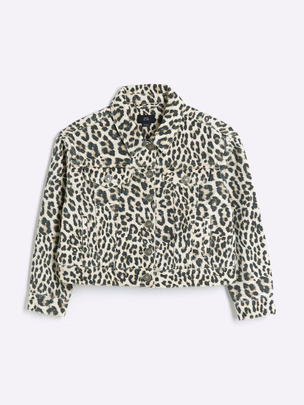 River Island Brown Girls Leopard Print 100% Cotton Denim Jacket