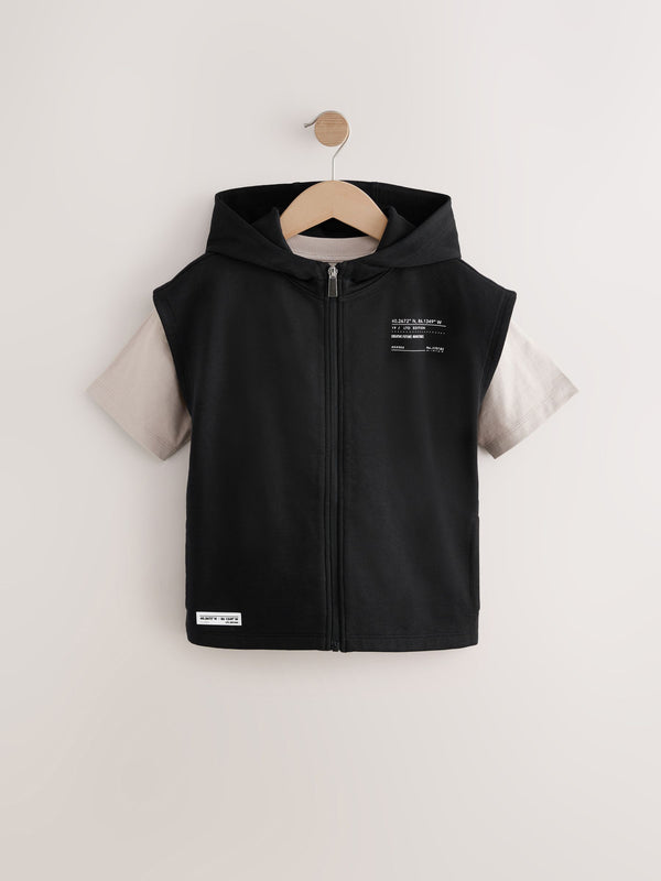 Black Dropped Shoulder Sleeveless Zip Through Hoodie and T-Shirt Set (3-16yrs)