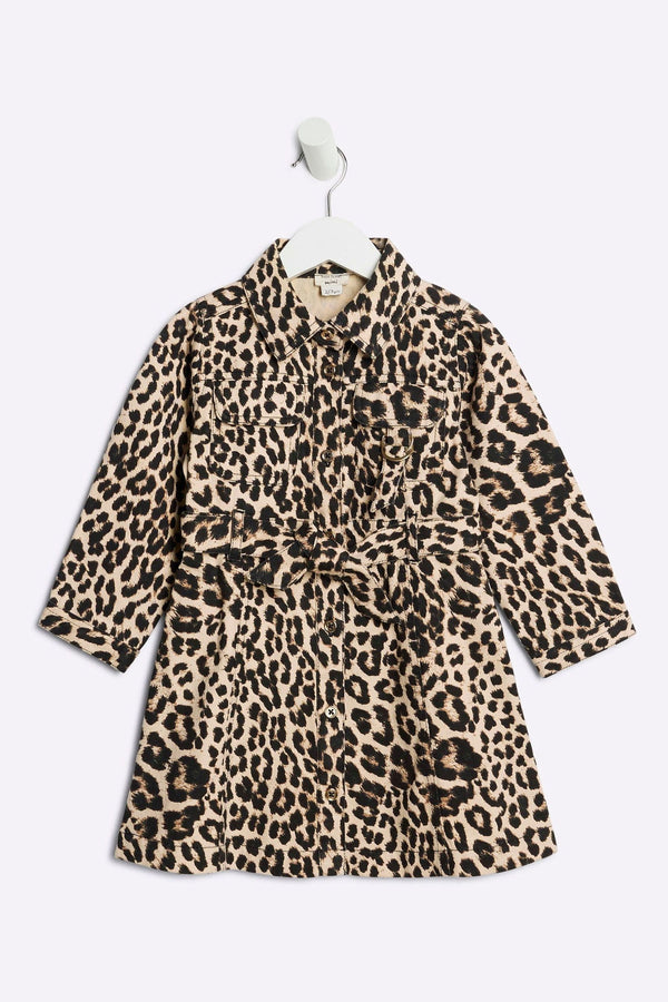 River Island Brown Girls Denim Leopard Print 100% Cotton Dress