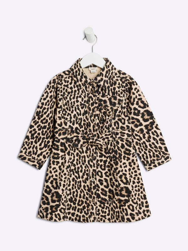 River Island Brown Girls Denim Leopard Print 100% Cotton Dress