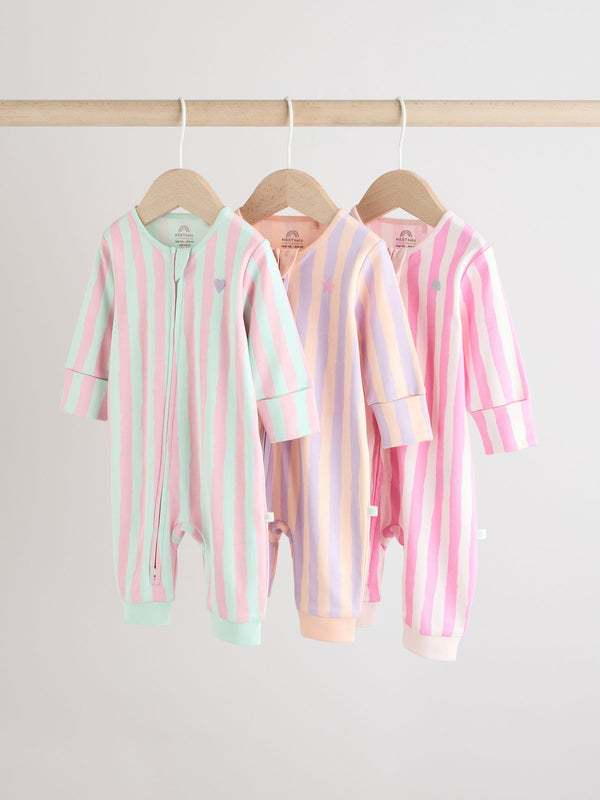 Multi 3 Pack Two Way Zip Baby Footless 100% Cotton Sleepsuits (0mths-3yrs)