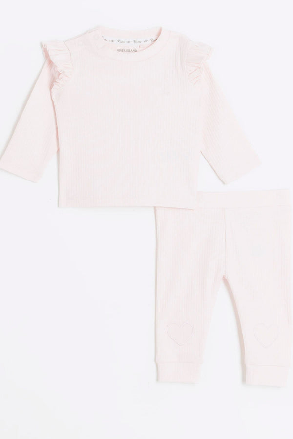 River Island Pink Baby Girls Frill Heart Rib T 100% Cotton Top and Leggings Set