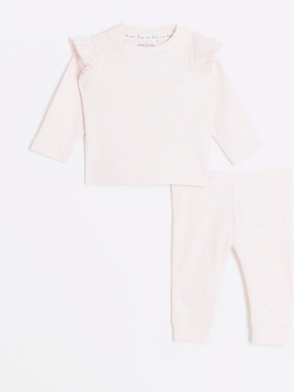 River Island Pink Baby Girls Frill Heart 100% Cotton Rib Top and Leggings Set