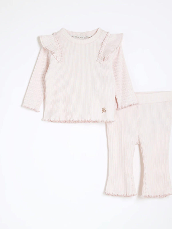 River Island Pink Frill Heart 100% Cotton Rib Top and Leggings Set