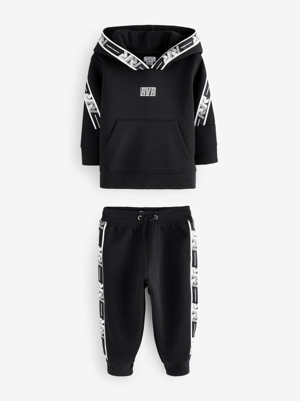 River Island Black Wide Fit Mini and Older Boys Sporty Hoodie And Joggers Set