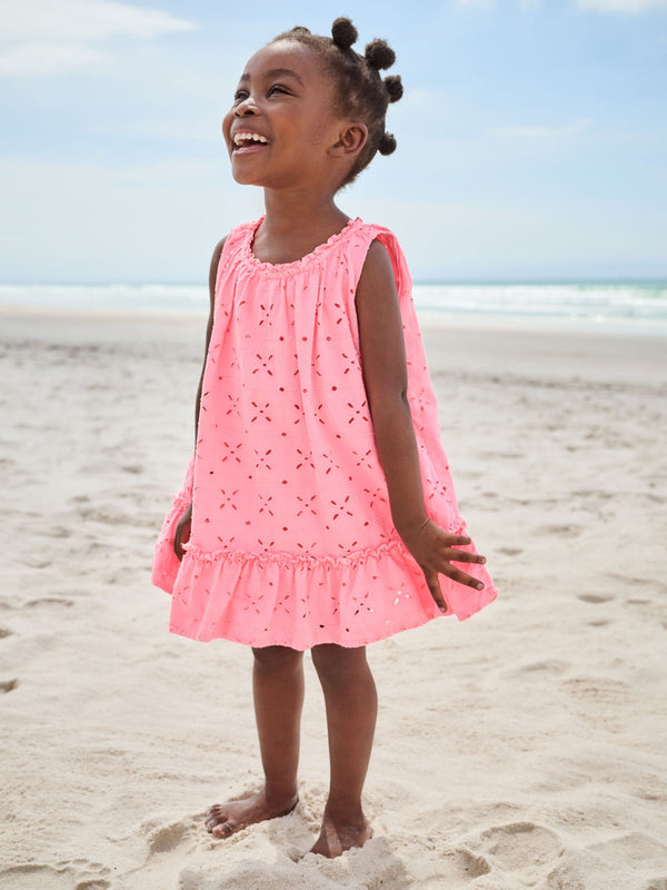 Fluro Pink Sleeveless Broderie 100% Cotton Summer Dress (3mths-8yrs)