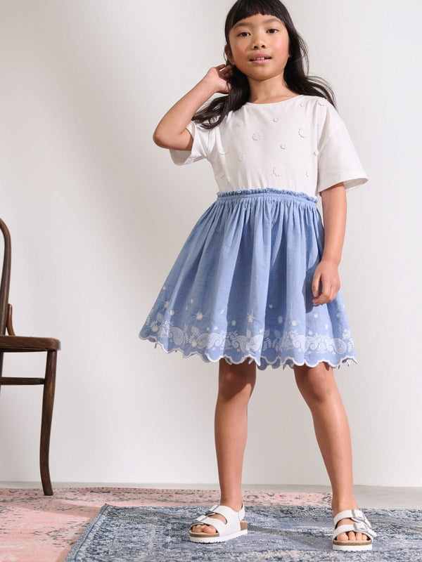 White/Blue Daisy Trim Embroidered 100% Cotton Skirt Dress (3-12yrs)