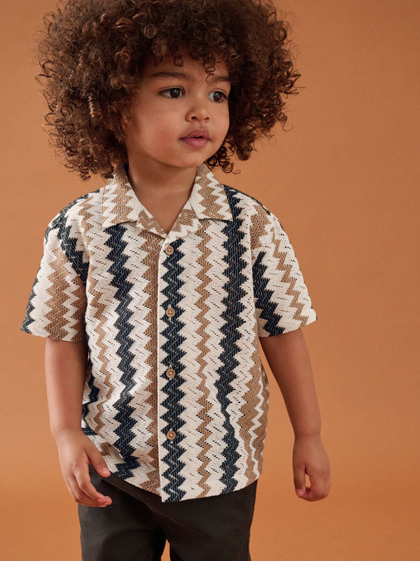Brown Zig Zag Stripe Short Sleeves Textured Stripe Shirt (3mths-7yrs)