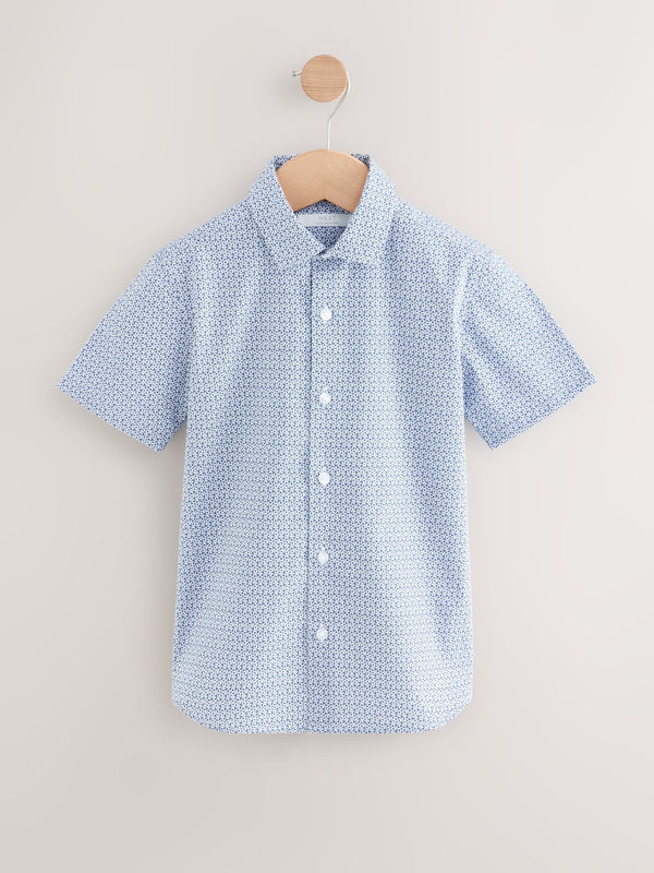 Blue Short Sleeve Geo Print 100% Cotton Shirt (3-16yrs)