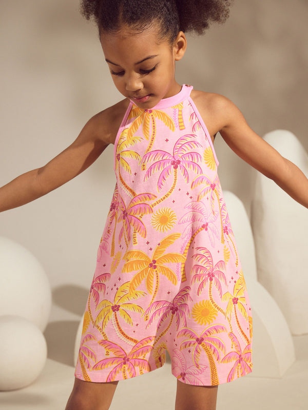 Pink 100% Cotton Palm Print Playsuit T-Shirt (3-16yrs)