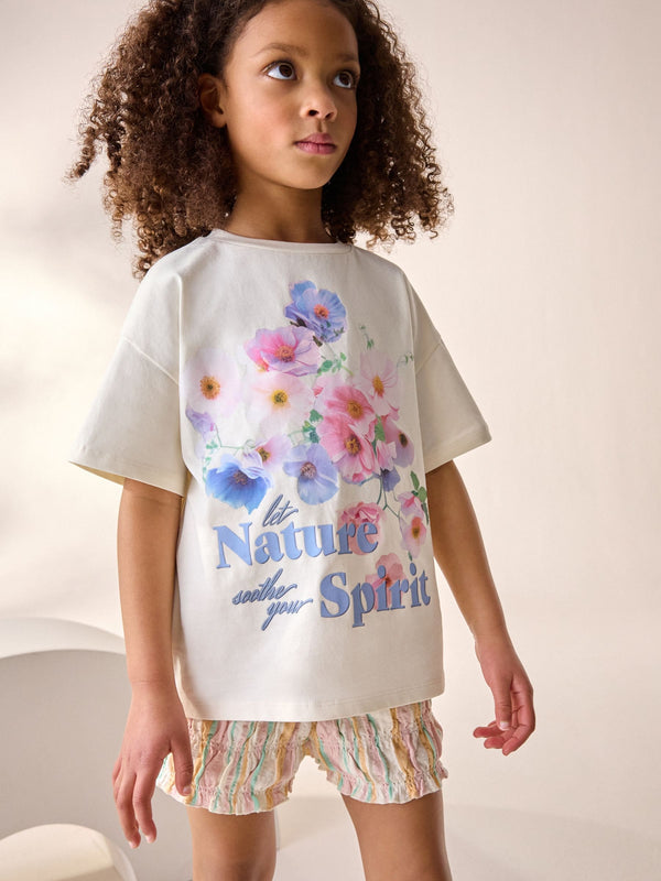 Ecru/Pink Floral Graphic T-Shirt and Bloomer Shorts Set (3-16yrs)