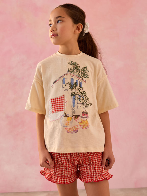 Ecru/Red Gingham Graphic T-Shirt and Bloomer Shorts Set (3-15yrs)