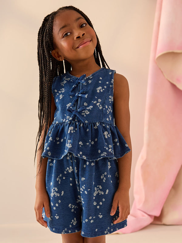 Blue Denim 100% Cotton Ditsy Floral Waistcoat Set (3-16yrs)