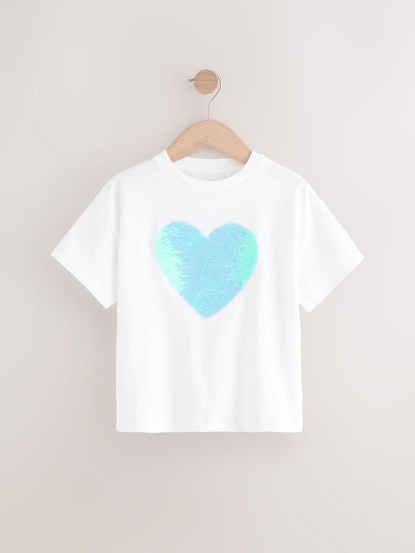 White Sequin Heart Print T-Shirt (3-16yrs)