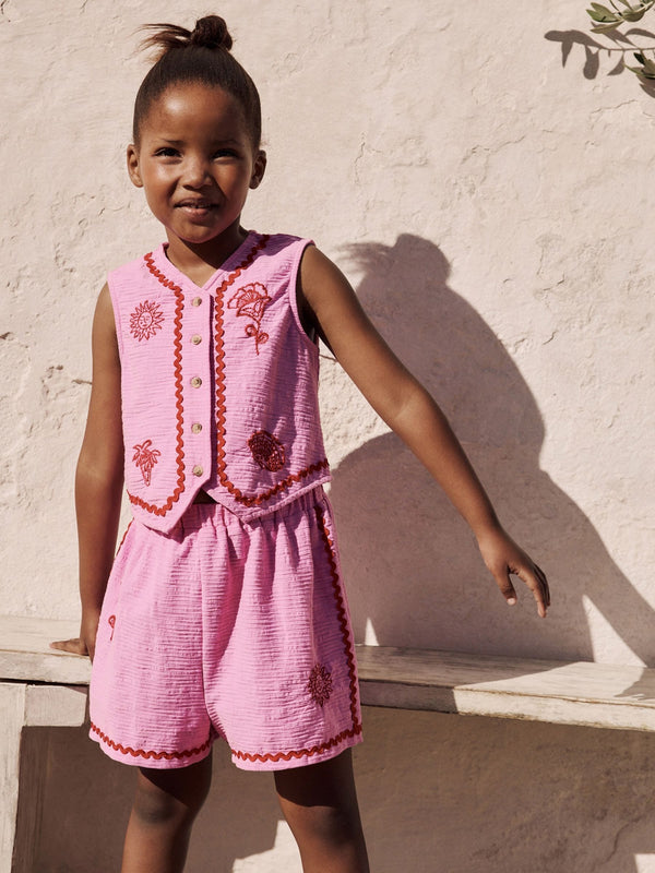 Pink Embroidered Waistcoat & Short Set (3-16yrs)