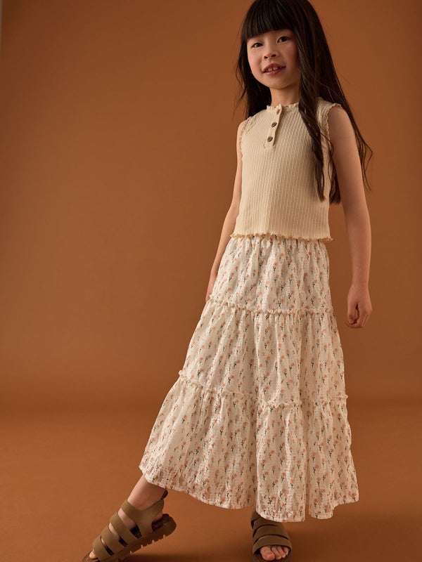 Ecru Pointelle Vest and Floral Print Lace Midi Skirt Set (3-16yrs)