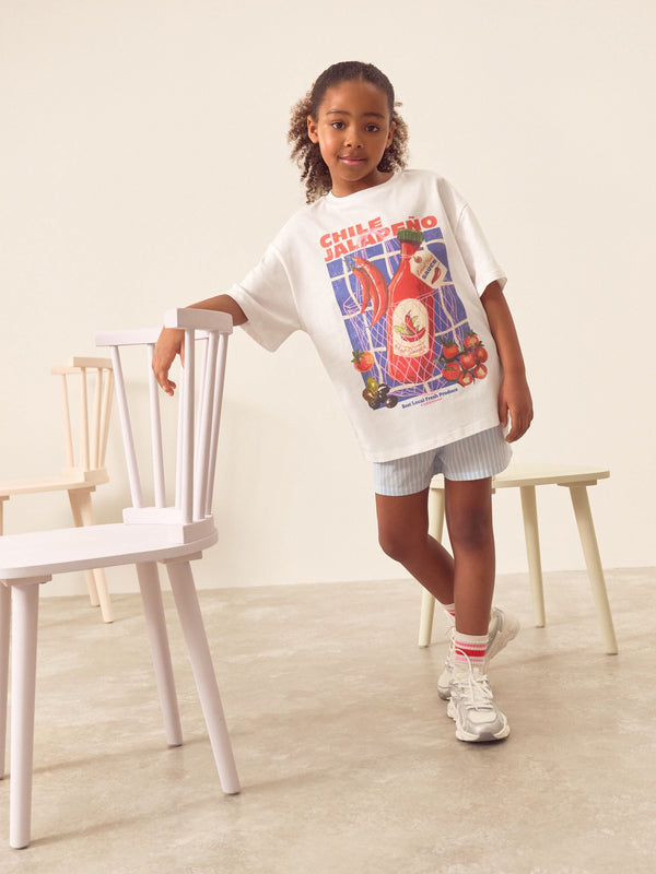 White/Blue Chilli Oversized 100% Cotton Graphic T-Shirt & Woven Shorts (3-16yrs)