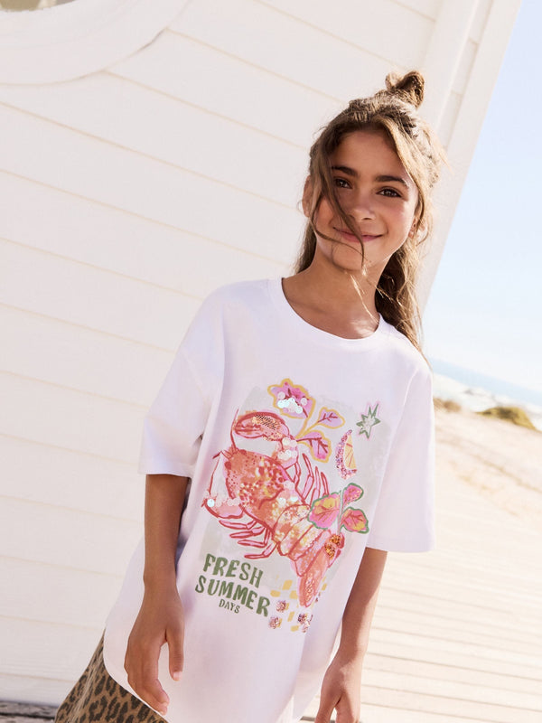White Oversized Sequin Graphic Print T-Shirt (3-16yrs)