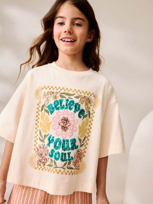 Cream Floral Print Sequin T-Shirt (3-16yrs)