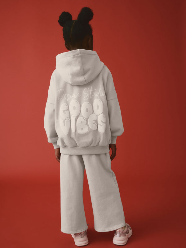 Grey Slogan Hoodie And Wide Leg Joggers Set (3-16yrs)