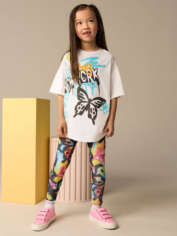 White/Blue Graffiti Oversized T-Shirt and Leggings Set (3-16yrs)