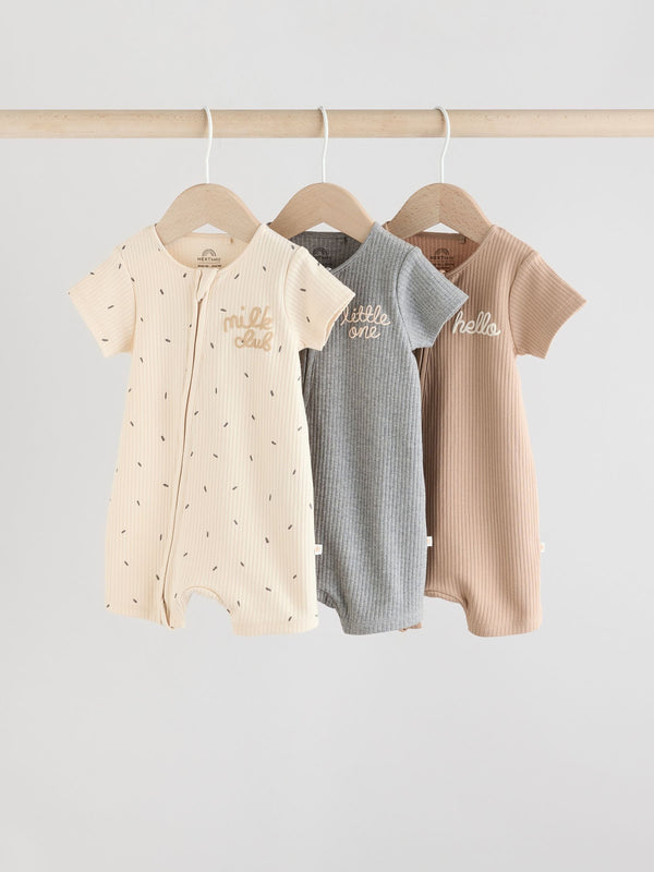 Neutral/Tan 3 Pack Two Way Zip Baby 100% Cotton Rompers (0mths-3yrs)