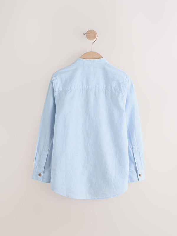 Pale Blue Grandad Collar Linen Mix Long Sleeve Shirt (3-16yrs)