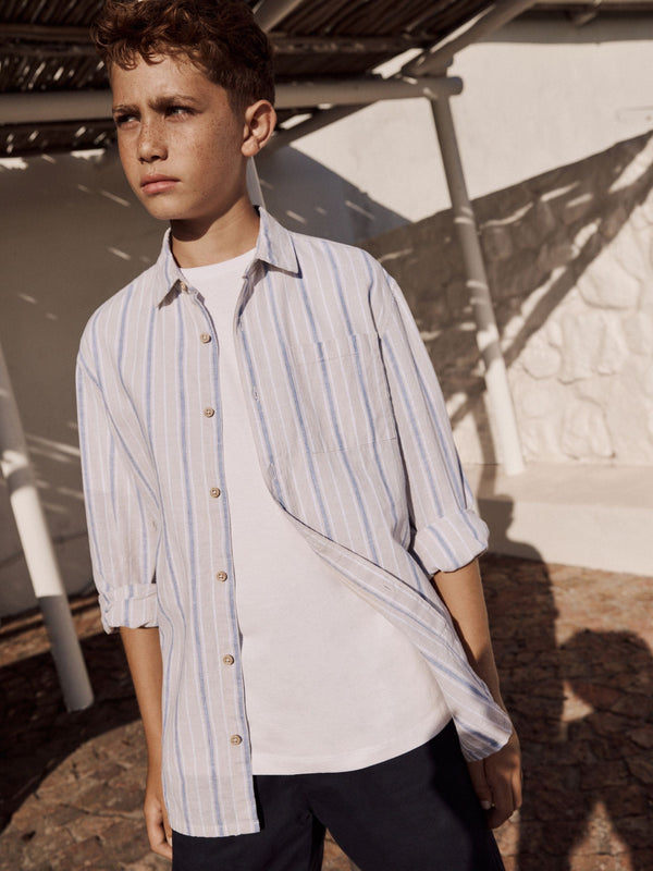 Neutral Stripe Long Sleeve Linen Mix Relax Fit Shirt (3-16yrs)