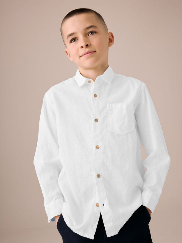 White Long Sleeve 100% Linen Shirt (3-16yrs)