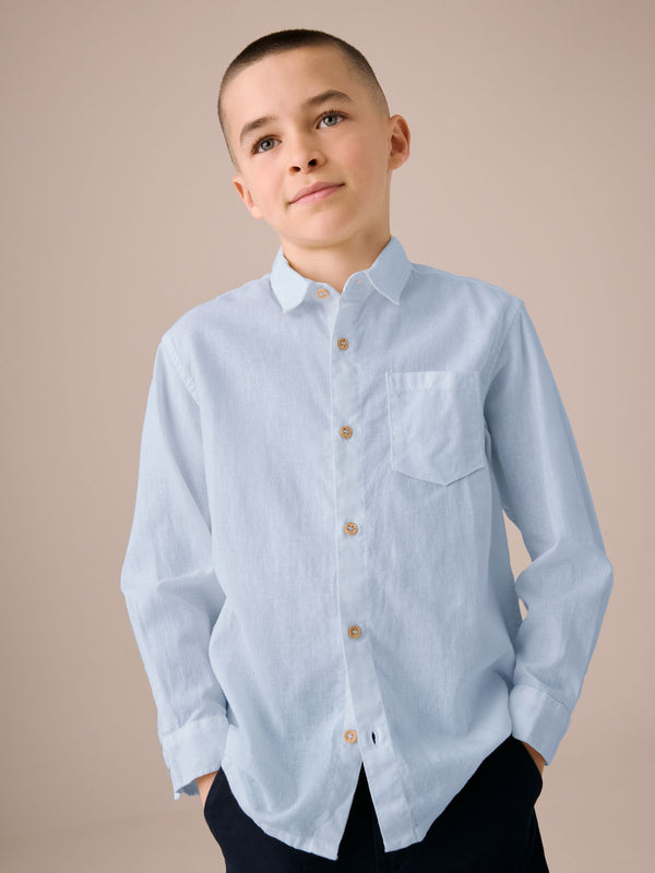 Blue Long Sleeve 100% Linen Shirt (3-16yrs)
