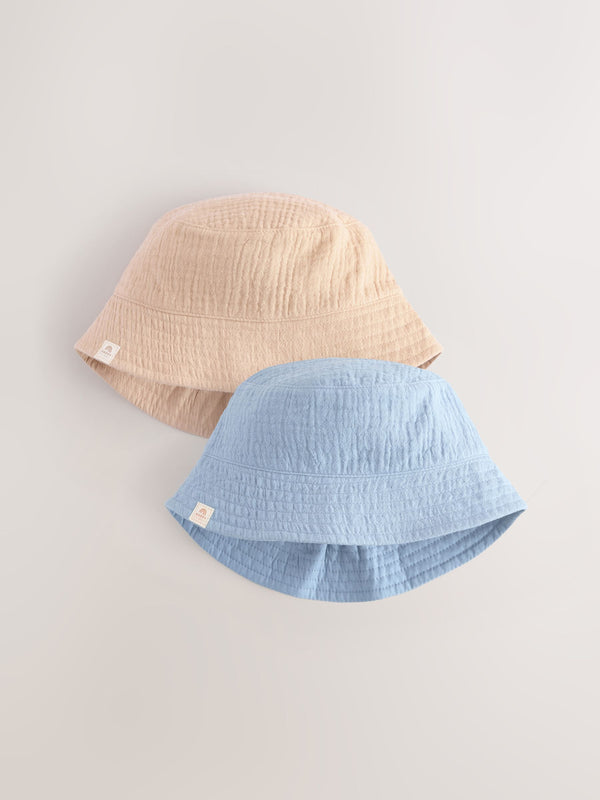 Blue/Brown 100% Cotton Baby Bucket Hats 2 Pack (0mths-2yrs)