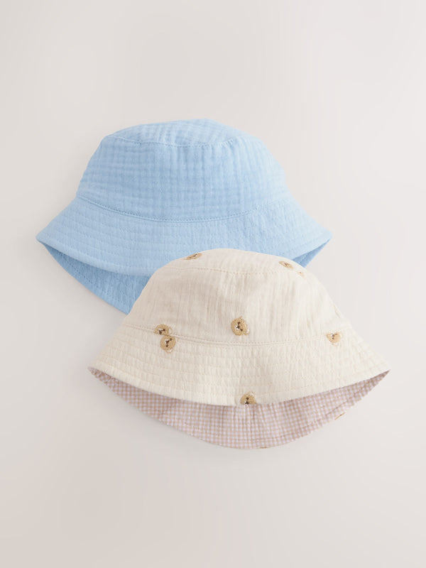 Blue/Neutral Bear Embroidered 100% Cotton Baby Bucket Hats 2 Pack (0mths-2yrs)