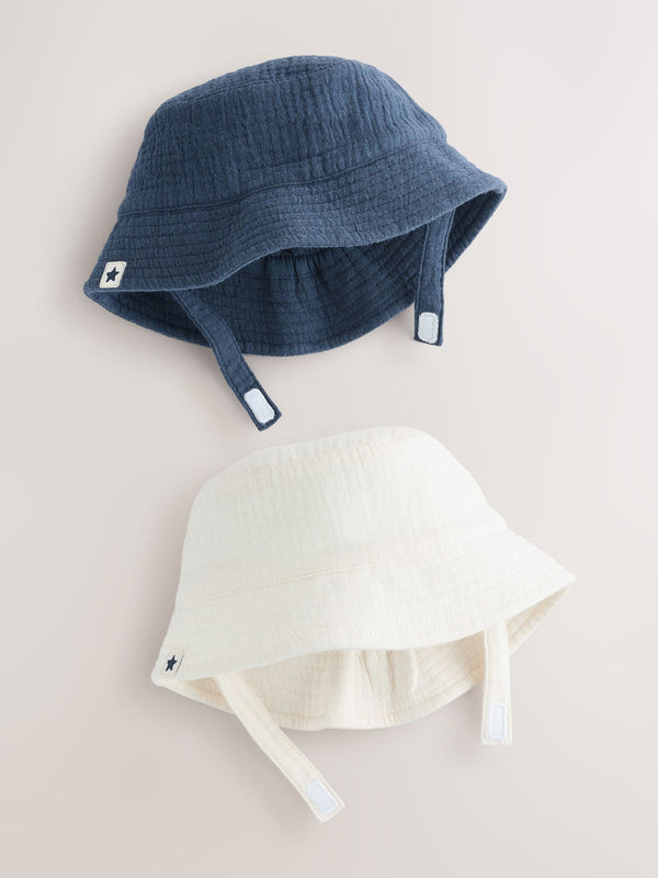 Navy/White 100% Cotton Baby Bucket Hats 2 Pack (0mths-2yrs)