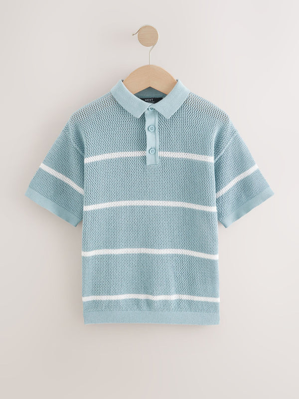 Blue 100% Cotton Short Sleeve Stripe Knitted Polo Shirt (3-16yrs)