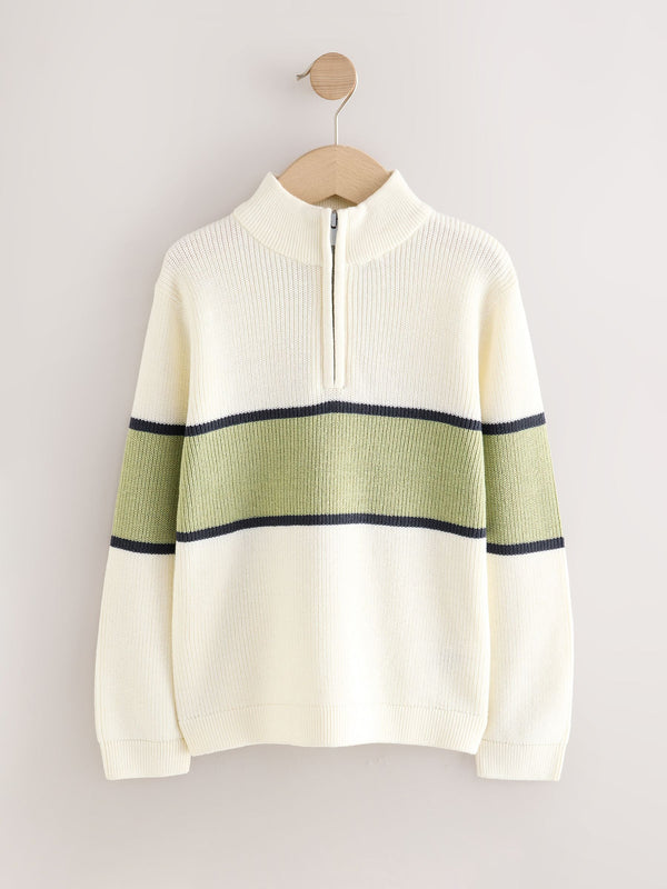 Ecru/Green Colourblock Zip Neck Knitted Jumper (3-16yrs)