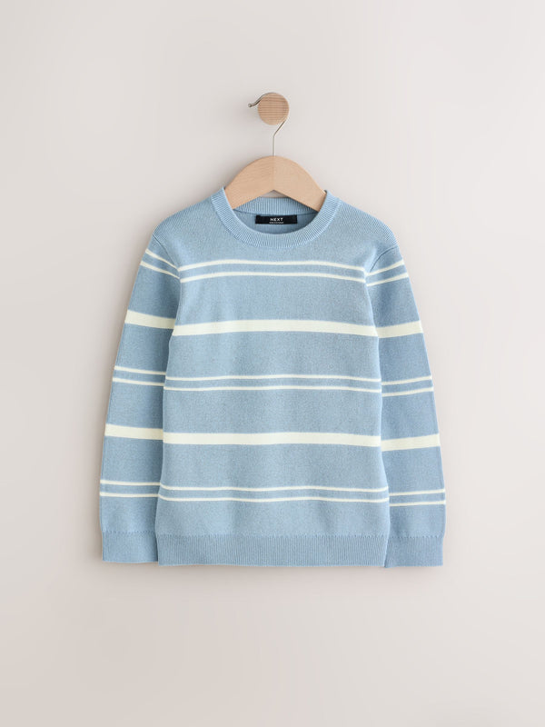 Blue Knitted Stripe Crew Neck 100% Cotton Jumper (3-16yrs)