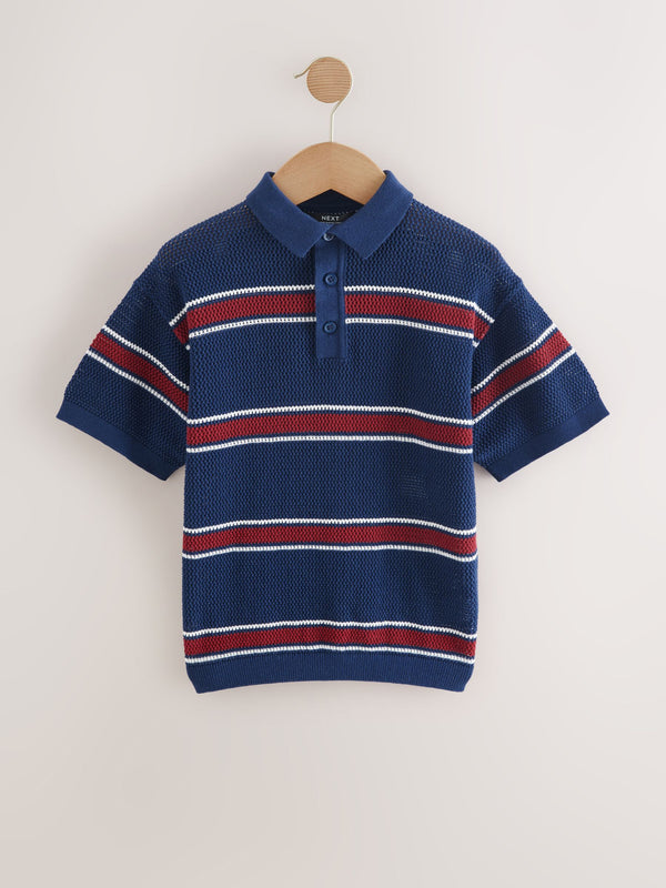 Navy Blue 100% Cotton Short Sleeve Stripe Knitted Polo Shirt (3-16yrs)