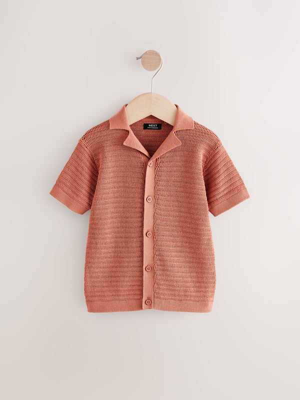 Rust Brown Textured Revere Collar Short Sleeve Knitted 100% Cotton Polo Shirt (3mths-7yrs)