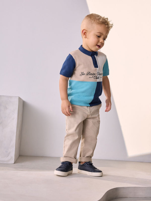Blue/Ecru 100% Cotton Hotchpotch Short Sleeve Knitted Polo Shirt (3mths-7yrs)