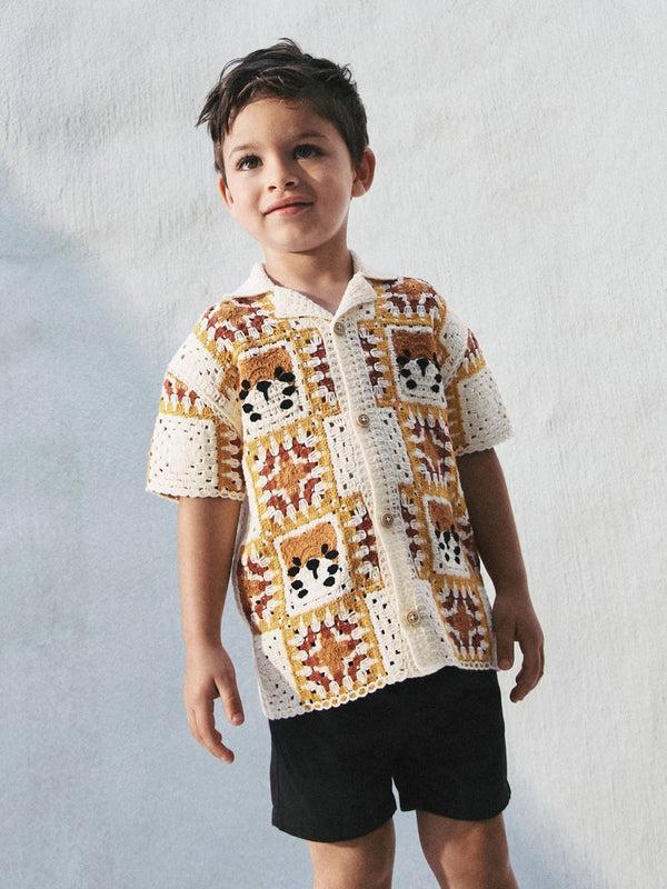 Orange/Neutral Tiger Crochet Revere Collar Short Sleeve Knitted Polo Shirt (3mths-7yrs)