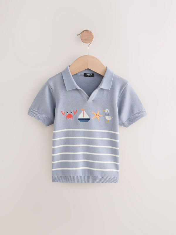 Blue Beach Stripe 100% Cotton Trophy Neck Short Sleeve Knitted Polo Shirt (3mths-7yrs)