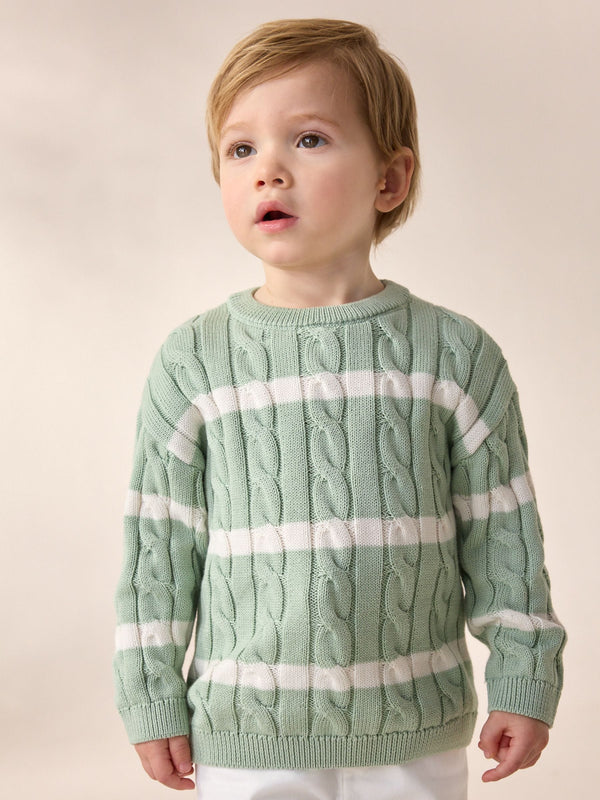 Sage Green Stripe Cable Knit Crew Neck Jumper (3mths-7yrs)