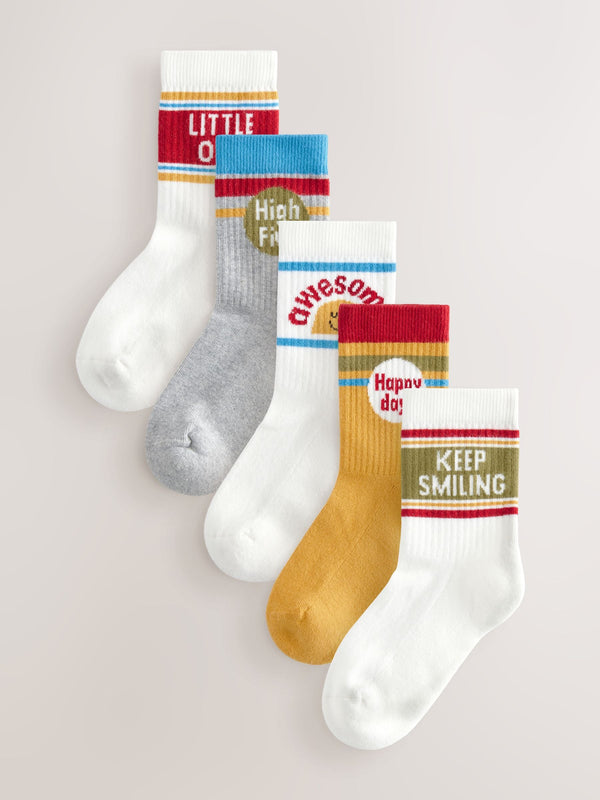 Ecru/Mustard/Red Retro Slogan Print Rich Socks 5 Pack