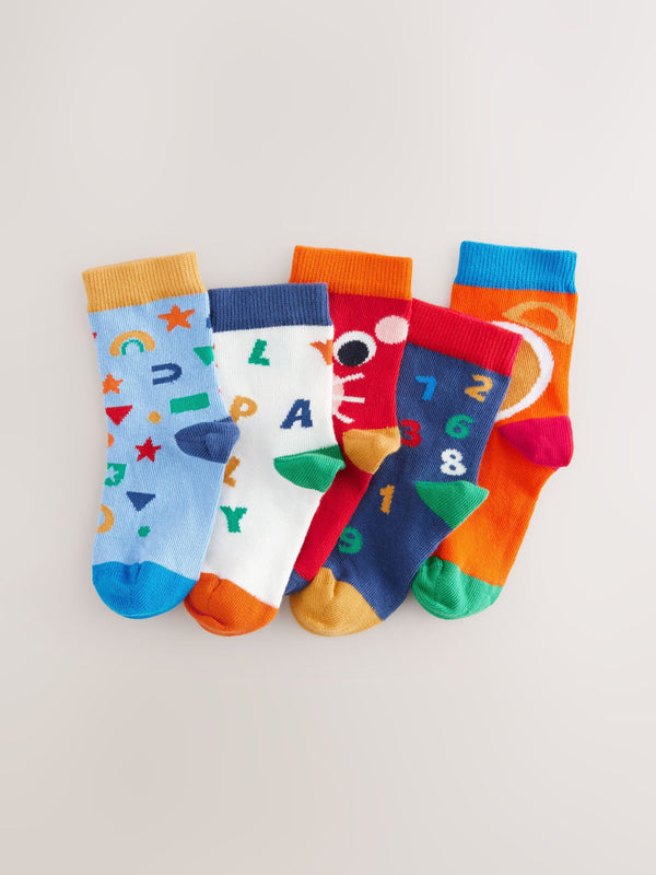 Blue/Ecru/Red Nursery Alphabet Print Rich Socks 5 Pack